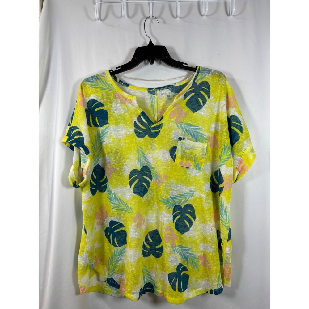 Kate & Sam Womens 3X Tropical Leaf Floral Burnout V-Neck Pocket Top Yellow Teal